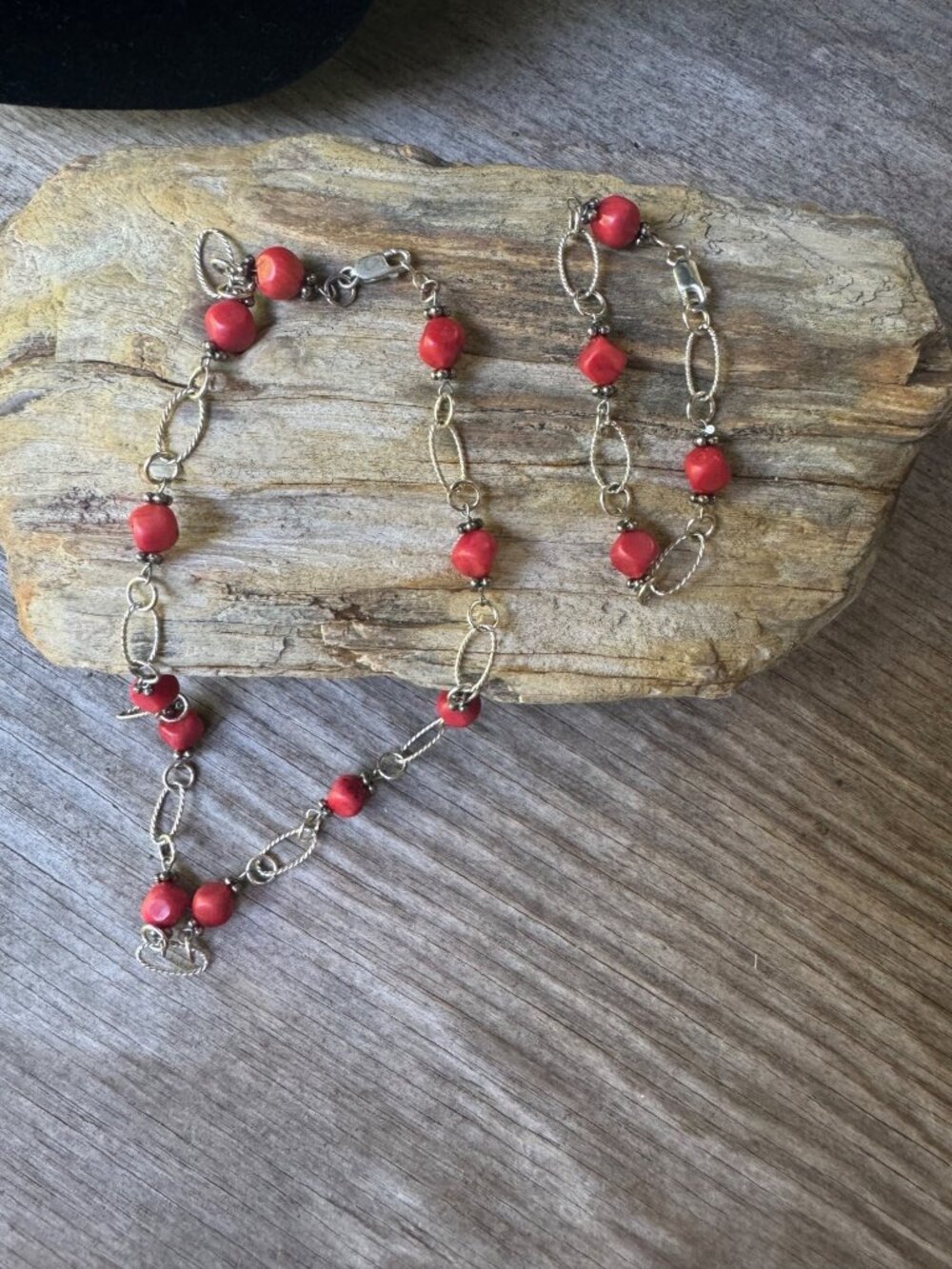 Sterling Silver 925 Red Coral Style Necklace Bracelet Set 31.83g